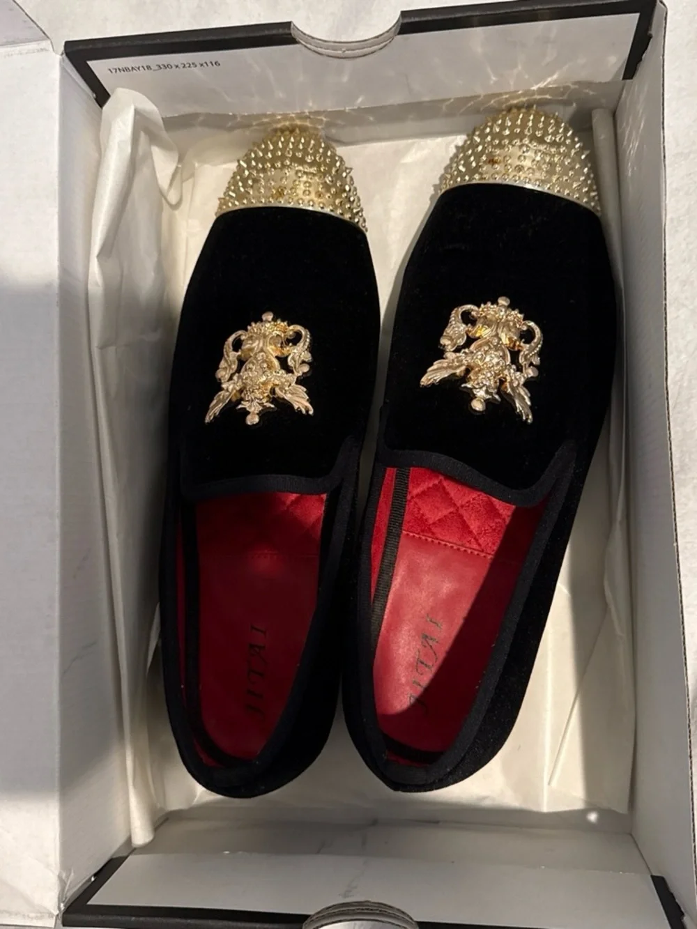 Black Velvet Moccasins with Gold Crest and Studded Toe
